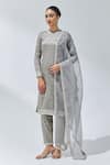 Buy_PRIYAL PRAKASH_Grey Kurta And Pant Chanderi Woven Stripe Round Zari Set _at_Aza_Fashions