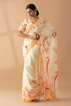 Buy_Thee Modern Roots_Ivory Georgette Print Floral Contrast Saree _at_Aza_Fashions