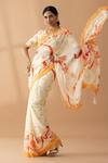 Buy_Thee Modern Roots_Ivory Georgette Print Floral Contrast Saree _Online_at_Aza_Fashions