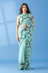 Thee Modern Roots_Blue Chiffon Print Mountain Abstract Contrast Saree _Online_at_Aza_Fashions