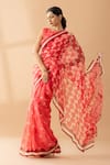 Thee Modern Roots_Pink Chiffon Print Petal Tonal Floral Saree _Online_at_Aza_Fashions