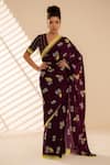 Buy_Thee Modern Roots_Purple Crepe Printed Bird Saree With Unstitched Blouse Piece _at_Aza_Fashions