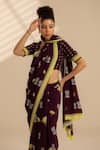 Thee Modern Roots_Purple Crepe Printed Bird Saree With Unstitched Blouse Piece _Online_at_Aza_Fashions