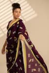 Thee Modern Roots_Purple Crepe Printed Bird Saree With Unstitched Blouse Piece _at_Aza_Fashions