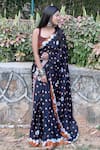 Shop_Thee Modern Roots_Black Satin Georgette Printed Blooming Lotus Saree With Unstitched Blouse Piece _at_Aza_Fashions