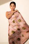 Thee Modern Roots_Pink Crepe Printed Floral Vine Saree With Unstitched Blouse Piece _Online_at_Aza_Fashions