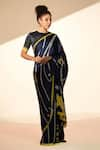 Buy_Thee Modern Roots_Blue Satin Georgette Printed Floral Stripe Saree With Unstitched Blouse Piece _at_Aza_Fashions