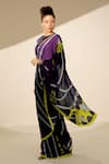 Thee Modern Roots_Purple Satin Georgette Printed Flower Stripe Saree With Unstitched Blouse Piece _Online_at_Aza_Fashions