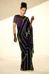 Buy_Thee Modern Roots_Purple Satin Georgette Printed Flower Stripe Saree With Unstitched Blouse Piece _Online_at_Aza_Fashions