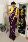 Shop_Thee Modern Roots_Purple Satin Georgette Printed Flower Stripe Saree With Unstitched Blouse Piece 