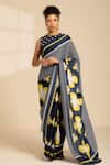 Buy_Thee Modern Roots_Blue Satin Georgette Printed Swirling Floral Saree With Unstitched Blouse Piece _at_Aza_Fashions