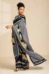 Shop_Thee Modern Roots_Blue Satin Georgette Printed Swirling Floral Saree With Unstitched Blouse Piece _at_Aza_Fashions