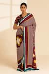 Buy_Thee Modern Roots_Maroon Satin Georgette Printed Checkered Saree With Unstitched Blouse Piece _at_Aza_Fashions