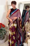 Thee Modern Roots_Maroon Satin Georgette Printed Checkered Saree With Unstitched Blouse Piece _Online_at_Aza_Fashions