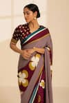 Thee Modern Roots_Maroon Satin Georgette Printed Checkered Saree With Unstitched Blouse Piece _at_Aza_Fashions