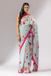 Thee Modern Roots_Green Crepe Printed Florette Saree _Online_at_Aza_Fashions