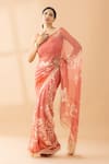 Buy_Thee Modern Roots_Peach Chiffon Printed Polka Dot Saree _at_Aza_Fashions