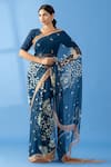 Buy_Thee Modern Roots_Blue Chiffon Printed Polka Dot Floral Saree _at_Aza_Fashions