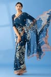 Thee Modern Roots_Blue Chiffon Printed Polka Dot Floral Saree _Online_at_Aza_Fashions