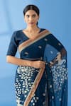 Shop_Thee Modern Roots_Blue Chiffon Printed Polka Dot Floral Saree _Online_at_Aza_Fashions