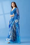 Thee Modern Roots_Blue Chiffon Printed Geometric Saree _Online_at_Aza_Fashions