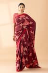 Thee Modern Roots_Maroon Crepe Printed Lotus Flower Saree _Online_at_Aza_Fashions