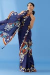 Buy_Thee Modern Roots_Blue Crepe Printed Floral Border Saree _Online_at_Aza_Fashions