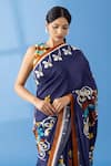 Shop_Thee Modern Roots_Blue Crepe Printed Floral Border Saree _Online_at_Aza_Fashions