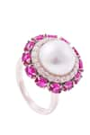 Buy_PRATA_Pink Cubic Zirconia Pearl Crown Cutwork Ring _at_Aza_Fashions