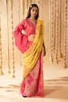 Buy_BANANA labs_Pink Cotton Handblock Printed Linear V-neck Saree With Blouse _at_Aza_Fashions