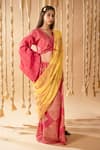 Shop_BANANA labs_Pink Cotton Handblock Printed Linear V-neck Saree With Blouse _at_Aza_Fashions