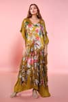Buy_Anamika Khanna_Multi Color Silk V-neck Botanic Print Kaftan_at_Aza_Fashions