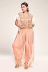 Buy_EEKSHA_Peach Embroidered Floral Cape Ruffled Collar And Dhoti Pant Set _at_Aza_Fashions