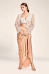 Shop_EEKSHA_Peach Embroidered Floral Blouse Sweetheart Jacket And Draped Skirt Set 