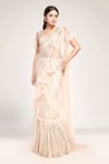 EEKSHA_Peach Embroidered V Neck Ruffle Pre-draped Saree With Blouse _at_Aza_Fashions