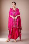 Buy_Anamika Khanna_Pink Embroidered Floral Deep V Neck Top And Skirt Set _at_Aza_Fashions