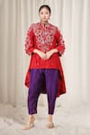 Buy_Debyani + Co_Red Embroidery Floral Stand Collar Asymmetric Tunic With Dhoti Pant _at_Aza_Fashions