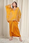 Buy_Anamika Khanna_Yellow Embroidered Floral Kaftan V Neck Top And Draped Skirt Set _at_Aza_Fashions