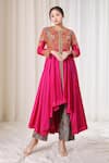 Buy_Debyani + Co_Magenta Embroidery Mirror Round Neck Floral Anarkali With Pant _at_Aza_Fashions