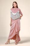 Buy_Anamika Khanna_Pink Embroidered Scalloped Cape Crew Neck Tasseled And Draped Skirt Set _at_Aza_Fashions