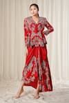 Buy_Anamika Khanna_Red Embroidered Floral V Neck Resham Top And Skirt Set _at_Aza_Fashions