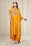 Buy_Anamika Khanna_Yellow Embroidered Floral Round Kaftan And Draped Skirt Set _at_Aza_Fashions