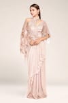 EEKSHA_Pink Embroidered Floral Mandarin Collar Draped Saree Gown _at_Aza_Fashions