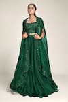 Shop_Anushree Reddy_Emerald Green Organza Embroidered Floral Square Cape Lehenga Set 