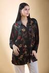 SHRADDHA RAMBHIA_Black Malai Silk Print Kalamkari Floral Mandarin Collar High-low Shirt _at_Aza_Fashions