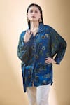 Shop_SHRADDHA RAMBHIA_Blue Malai Silk Print Kalamkari Floral Mandarin Collar Shirt _Online_at_Aza_Fashions