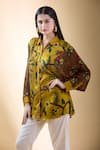 Shop_SHRADDHA RAMBHIA_Yellow Malai Silk Print Kalamkari Floral Mandarin Collar Shirt _Online_at_Aza_Fashions