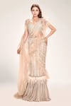 EEKSHA_Beige Embroidered V Neck Pre-draped Ruffle Saree With Blouse _at_Aza_Fashions