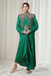 Buy_Anamika Khanna_Green Embroidered Beads Cape Mandarin Tasseled Embellished And Draped Skirt Set _at_Aza_Fashions