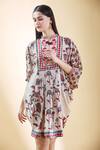 SHRADDHA RAMBHIA_Ivory Malai Silk Print Flower Mandarin Collar Floral Draped Dress _at_Aza_Fashions